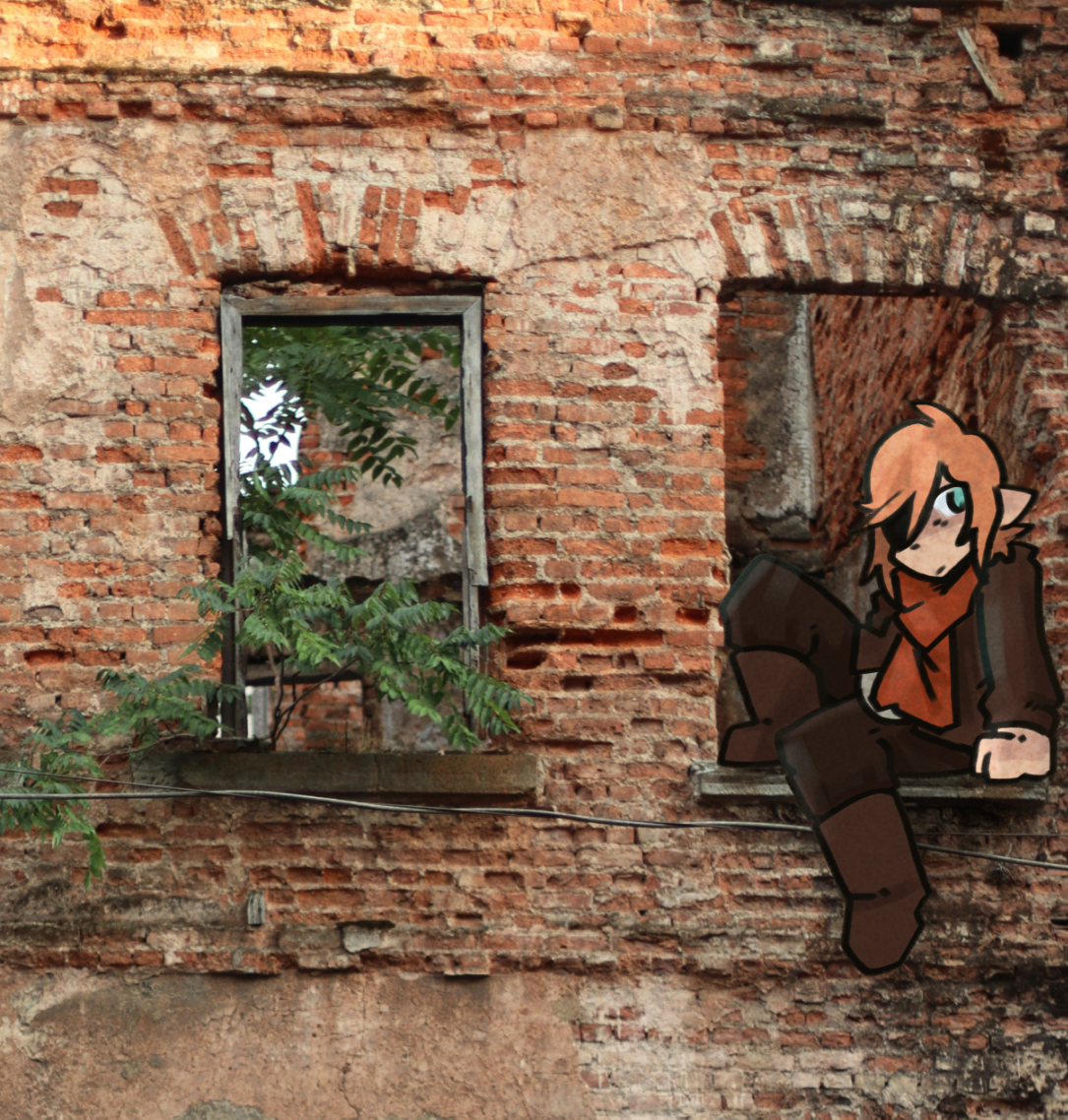 a drawing of empires SMP fwhip sitting in the window of an overgrown and abandoned brick building. the background is a photograph.